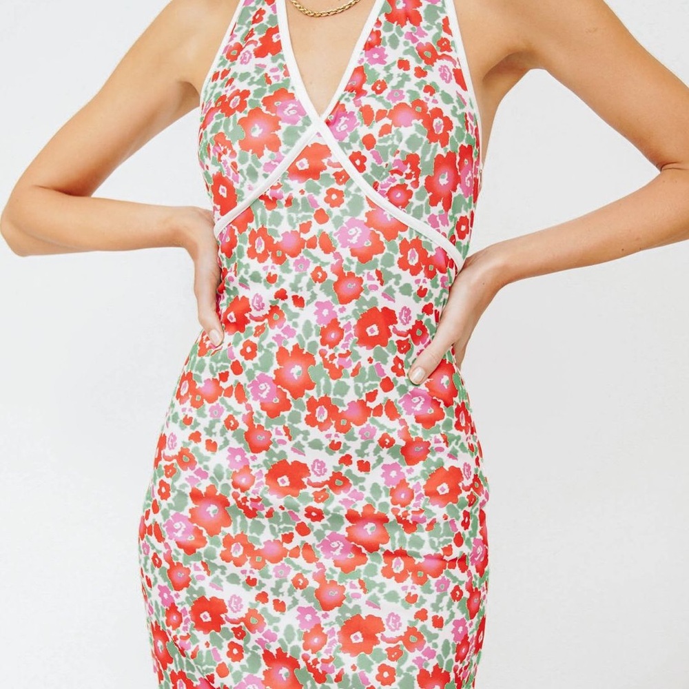 Zara Halter V-Neck Pink & Red Floral Retro 70’s Flower Power Groovy Mini Dress S - Picture 2 of 11